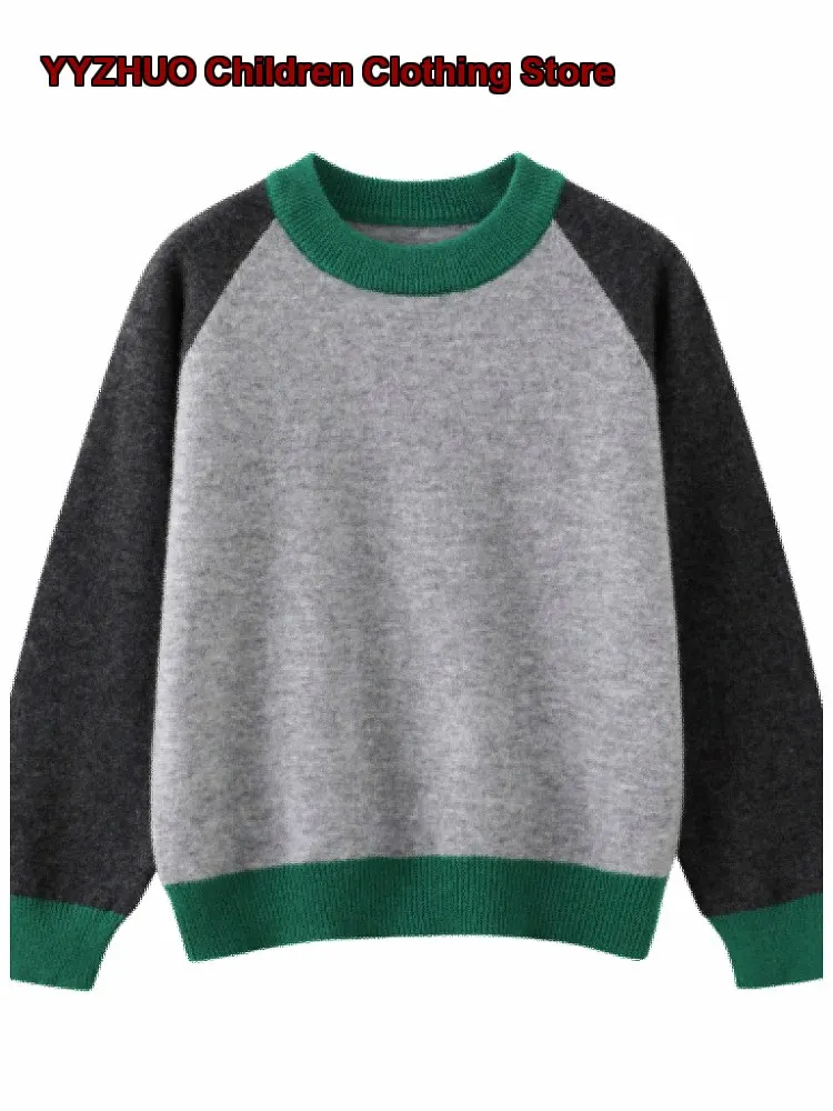 Boys Girls Solid Color Knit Sweater Kids Autumn Winter Raglan Sleeves Thickened Warm Stylish Outerwear Round Neck