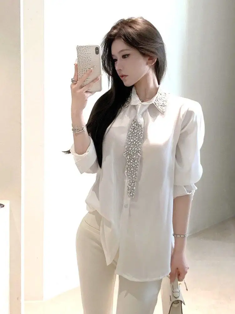 Elegant Autumn Winter Loose Silk Satin Shirt Long Sleeve with Tie for Women Commute Style Fashionable Ladylike Heavy Embellished