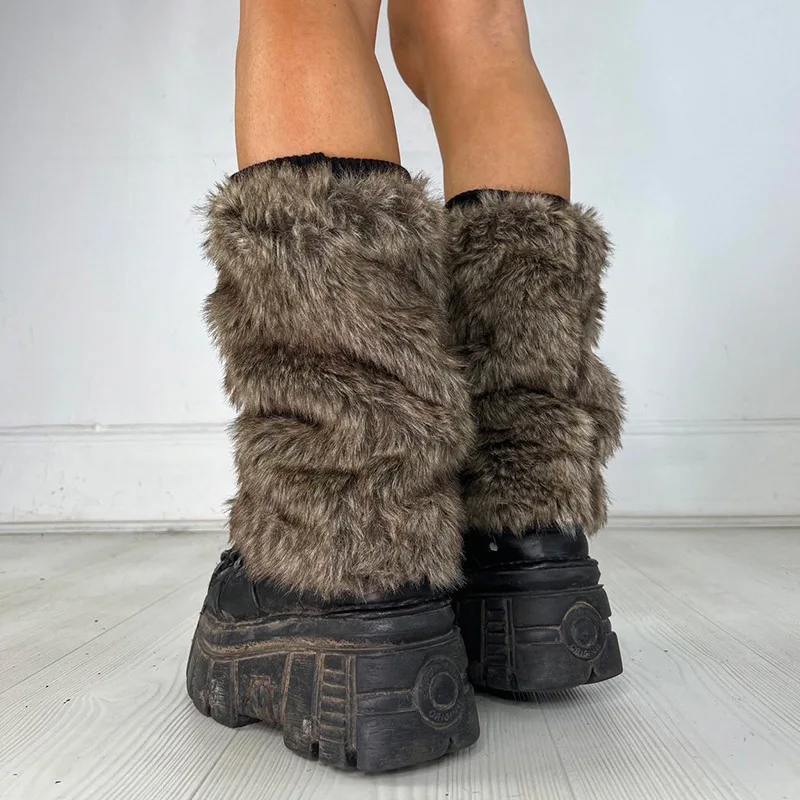 Vintage Faux Fur Leg Warmers Furry Boots Cover Socks Winter Thickened Plush Socks Hot Girl Jk Punk Hiphop Cosplay Accessories