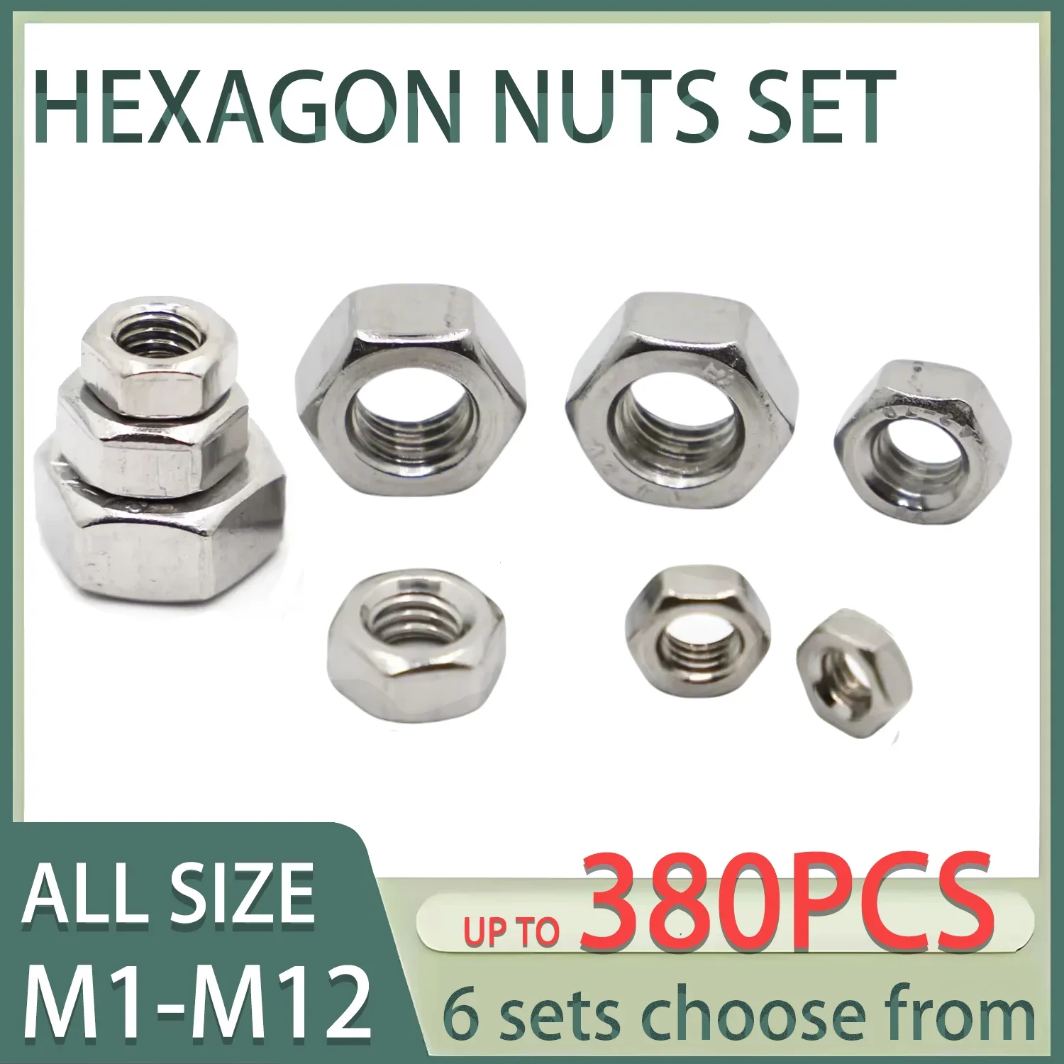 M1- M2 M2.5 M3 M4 M5 to M12 40-380pcs Metric Pieces Hex Nuts Assortment Kit 304 Stainless Steel 10 Sizes Hardware SAE Nuts Sets