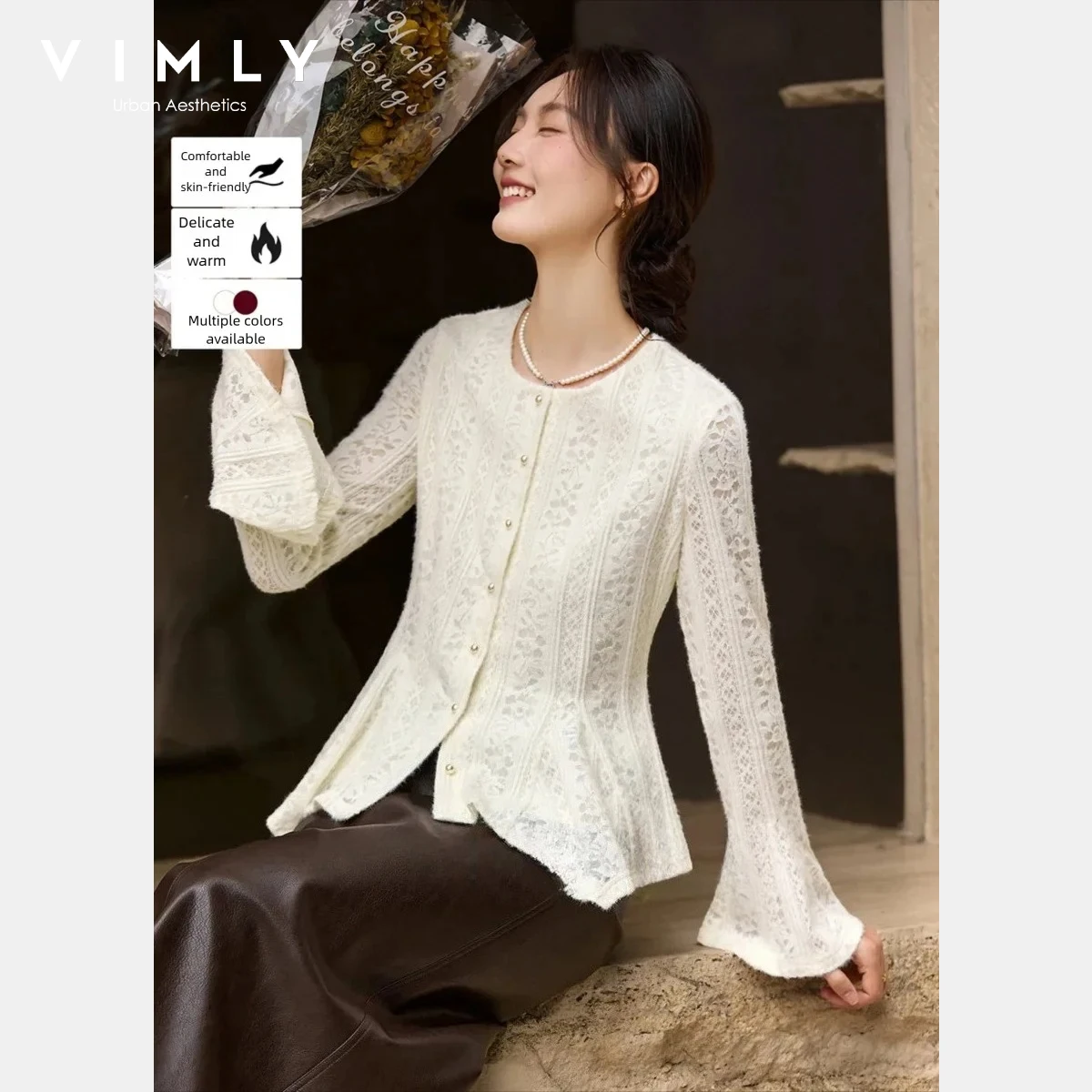 

VIMLY Elegant Cardigan for Women 2025 Winter Casual Solid Bell Sleeve Round Collar Lace Blouse Slim Fitted Woman Clothes A3597