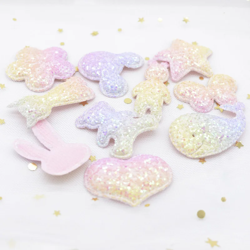 10pcs Glitter Fabric Applique Butterfly Mouse Star Flower Heart Rabbit Bear Cat Fish Baby Patches for DIY Hair Clips Decor