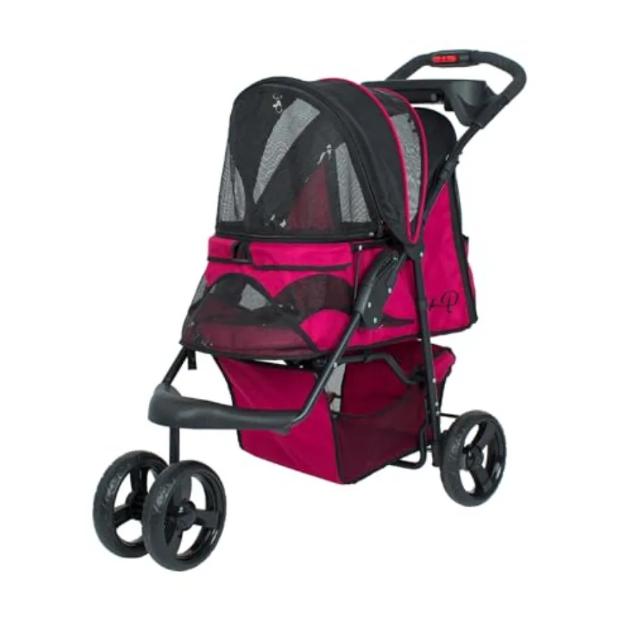 

Durable pet stroller for small to medium dogs, cats, bunnies polyester mesh windows, razzberry color, easy-fold design, large s