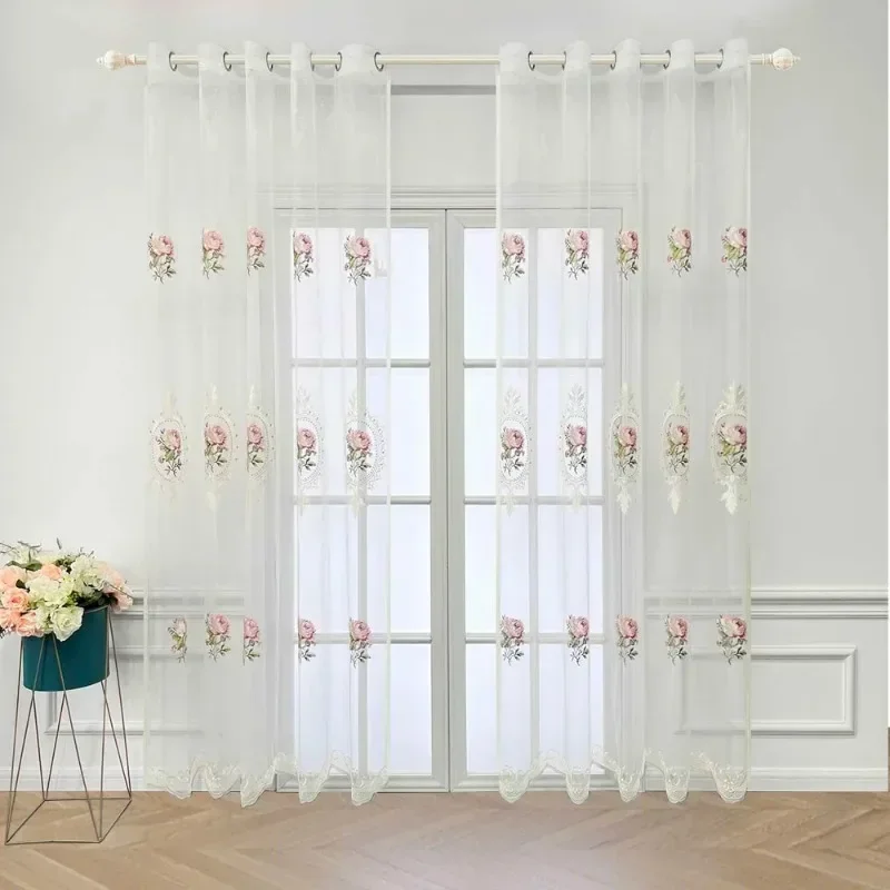 

1PC Luxury Embroidery Tulle Curtains for Living Room Bedroom Decor Blackout Elegant Peony Flower French Transparent Voile Fabric