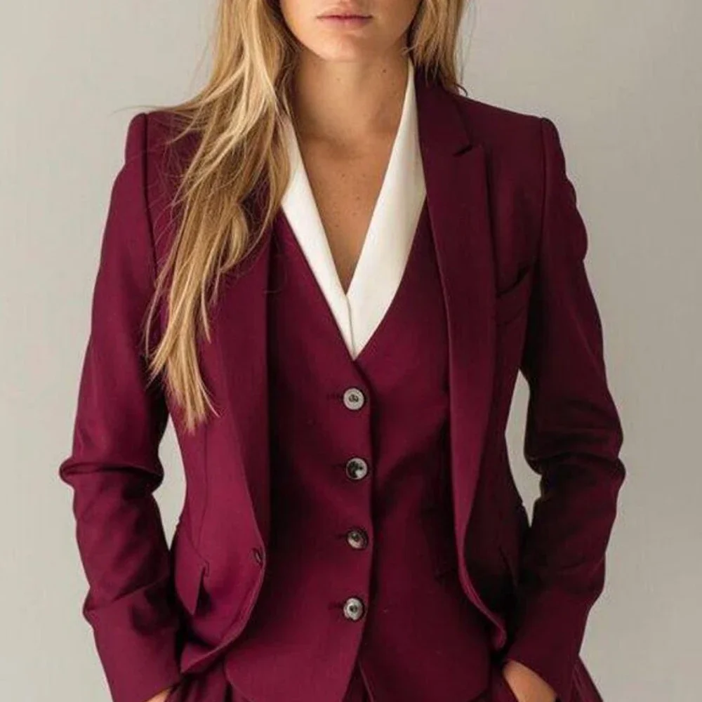 

Burgundy Women Pants Sets Suits Single Peak Lapel Flat Elegant 3 Piece Jacket Trousers Vest Male Clothing Terno