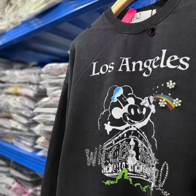 Destroyed Black Paly Hollywood Sweatshirts Men Women Cartoon Print Round Neck Heavy Fabric Pullovers