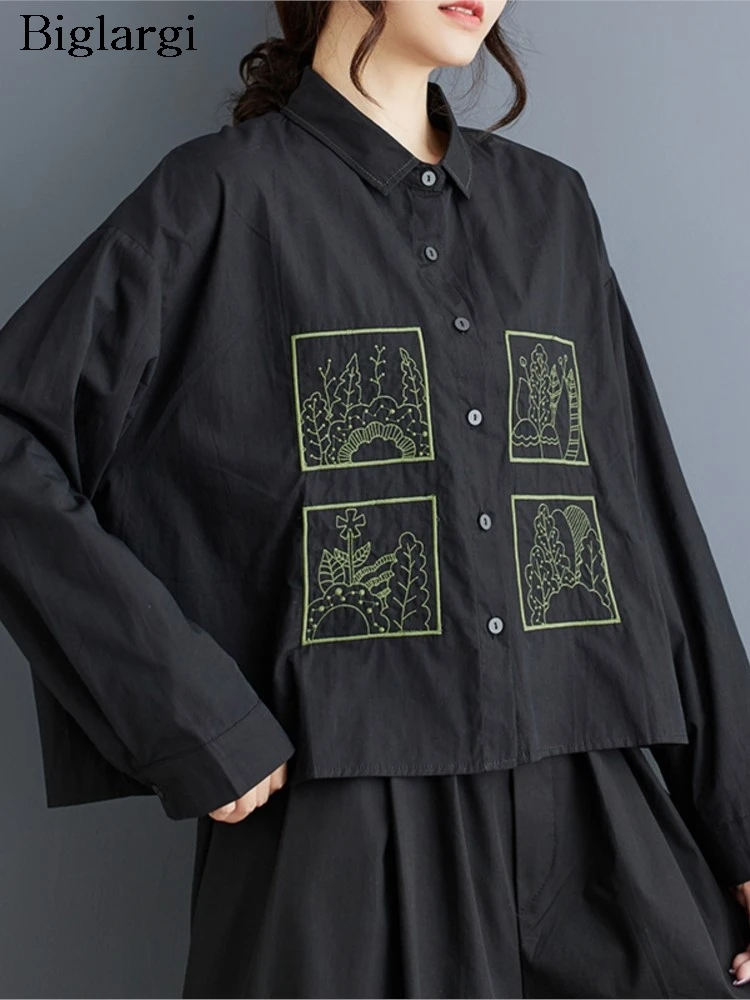 

Oversized Spring Shirts Women Floral Embroidery Fashion Loose Long Sleeve Ladies Cropped Blouses Casual Woman Shirt