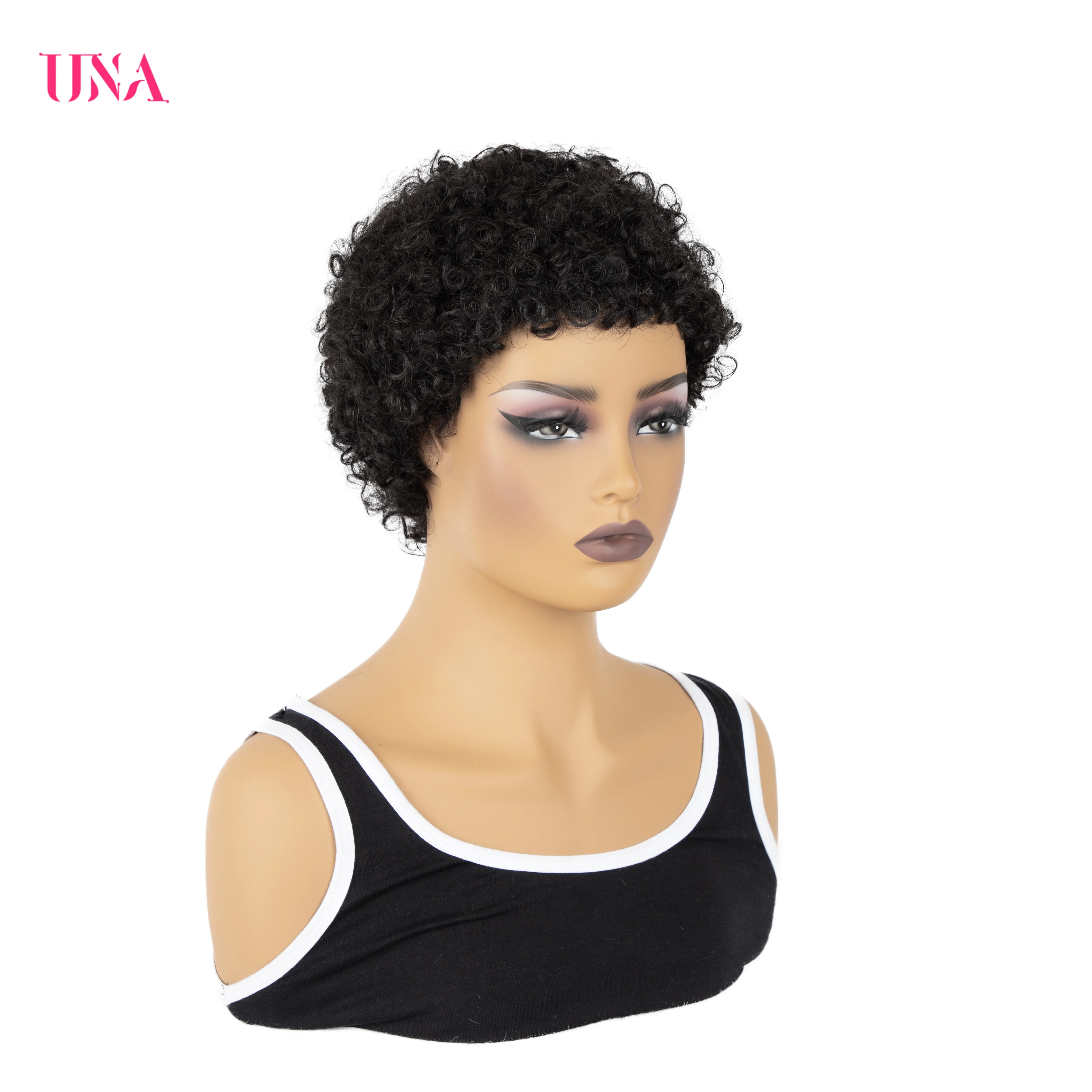 UNA Short Human Hair Wigs Non-Remy Human Hair Wigs 120% Density  Curl Human Hair Afro Wigs For Full Machine Made Wigs