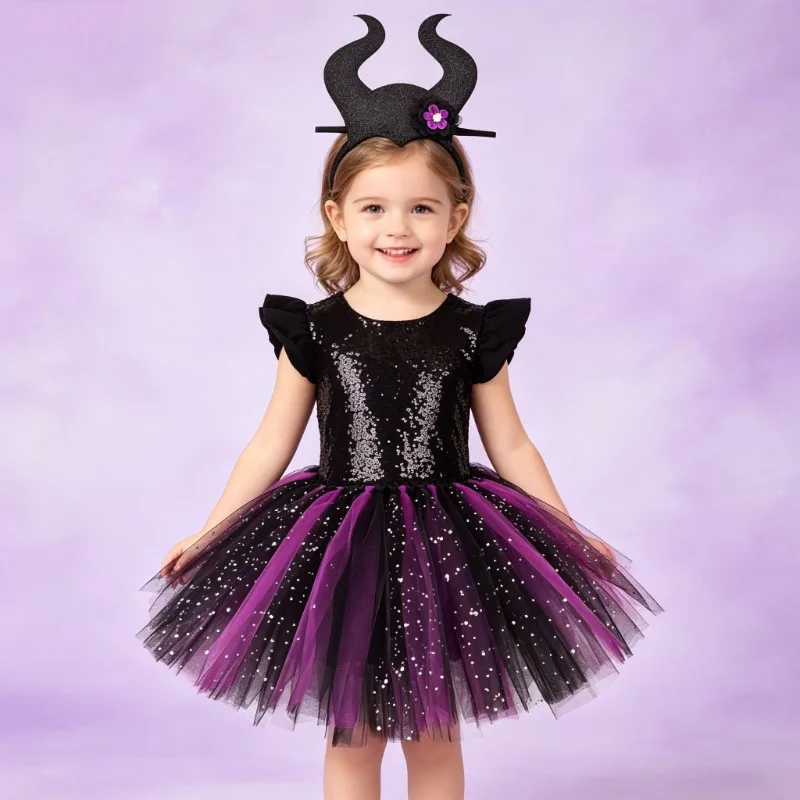 Dark fairy tale style kids' outfits, fluffy tulle sequin gown dresses, suitable for Halloween, Day of the Dead parties and stage