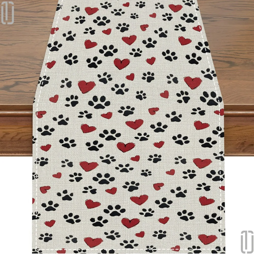 

Скатерть-дорожка на стол с сердцем и лапами собаки, красно-черная — льняной декор для любителей собак, праздничный подарок
