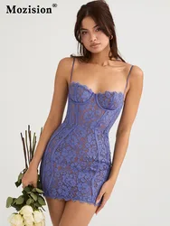 Mozision Purple Lace Spaghetti Strap Mini Dress For Women Gown Summer Sleeveless Backless Print Club Party Dress Vestido