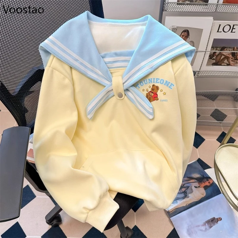 Preppy Style Sweet Lolita Hoodies Japanese Women Kawaii Sailor Collar Little Bear Sweatshirts Autumn Harajuku Cute Loose Coats