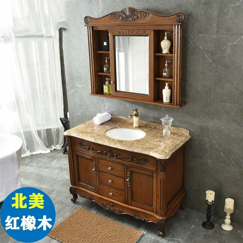 

Европейский шкаф для ванной из красного дуба, антикварный, из массива дерева, с мраморной раковиной и умывальником.