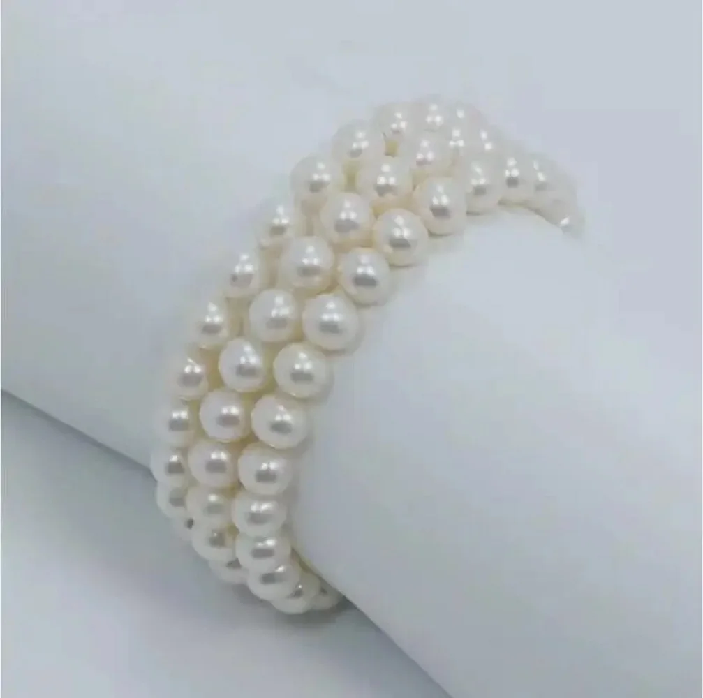 3-Row - AAA7-8mm Natural South Sea Round Pearl Bracelet 7.5-8inch-925