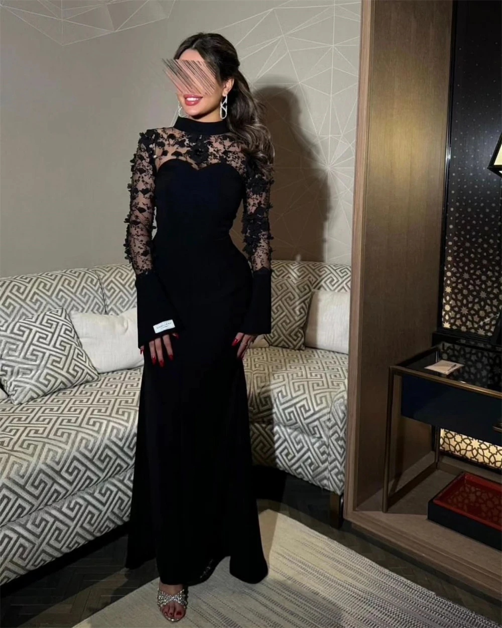 

Customized Evening Dress Classic Black Jersey High Collar Off the Shoulder Long Sleeves Lace Appliques Special Occasion Gowns