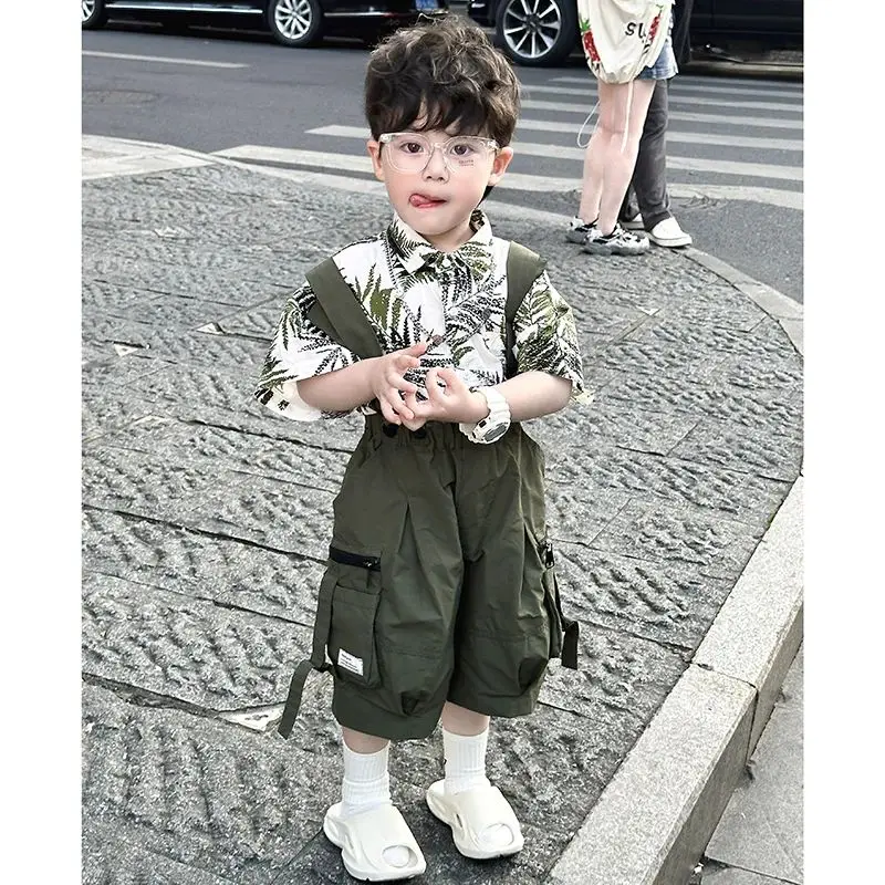 

Boys' Flower Shirt Set Summer New Style Children's Fashion Short Sleeve Top Strap Pants 2-piece Set