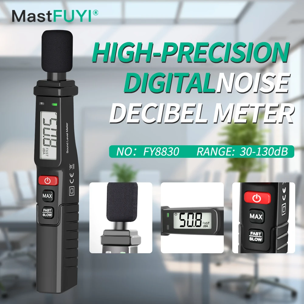 MASTFUYI Profesjonalny Miernik Poziomu Dźwięku Cyfrowy, 30-130dB z Wagią A, Monitor Decybeli LCD z Funkcją MAX Hold do Domu, Warsztatu, Biura