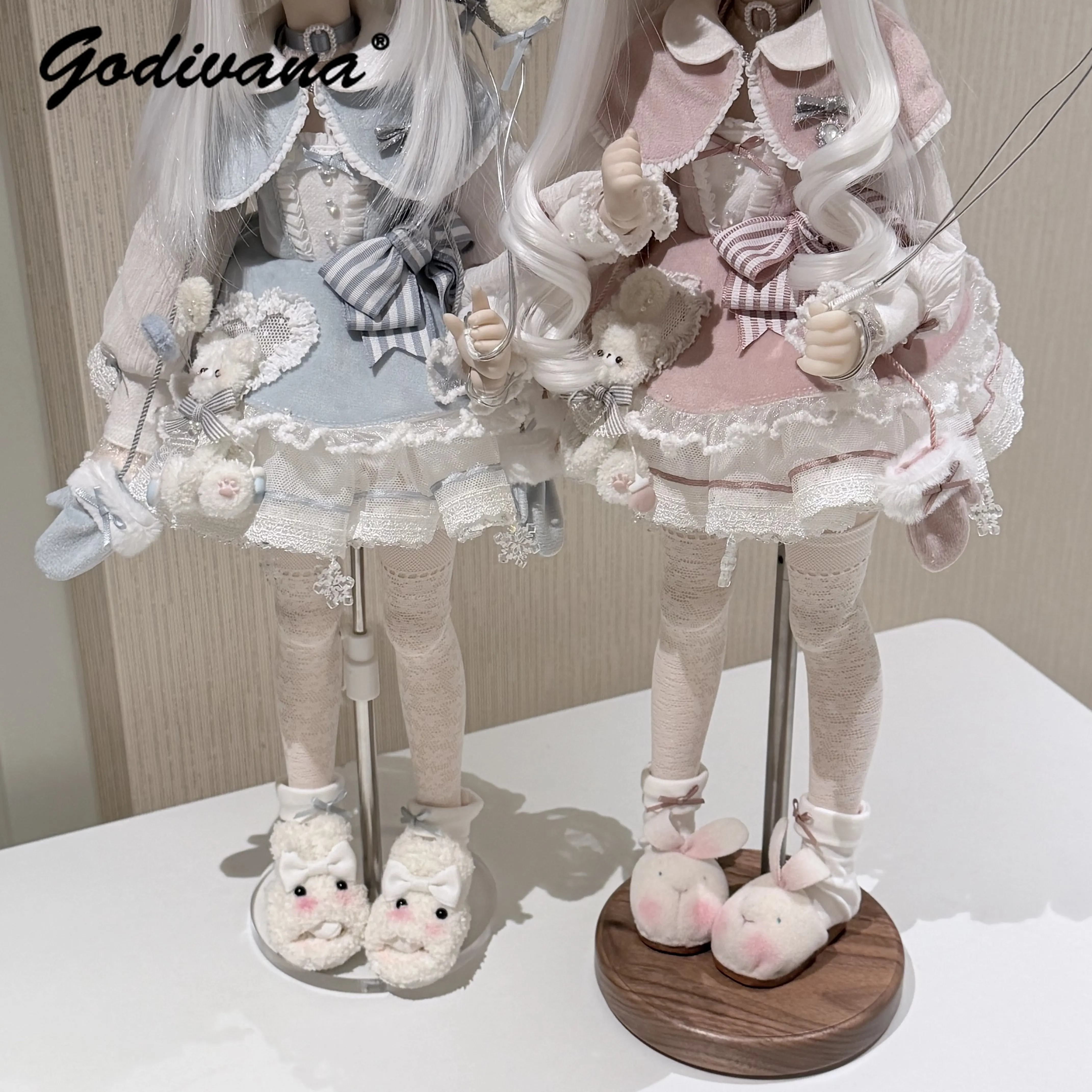 Sweet Lolita BJD Doll Clothes Set Cute Bear Lace Ruffle Trim Long Sleeves High Waist Princess Dress Outfit for 1/4 BJD Doll