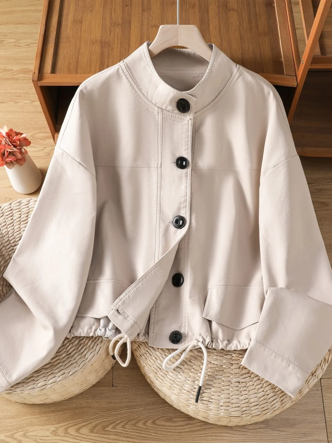 Fashionable Minimalist  Color PU Leather Stand Collar Jacket Women's Autumn Waist Drawstring Single Button Top Coat