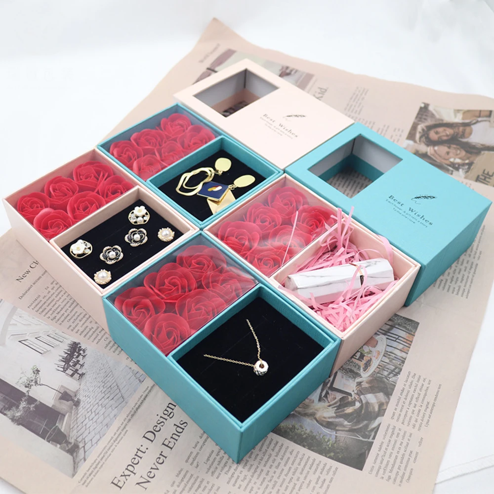 6pcs Soap Rose Flower Gifts Box Valentines Lover'S Gifts Necklace Mothers Day Valentines Day Gift Fashion Romantic Jewelry Case