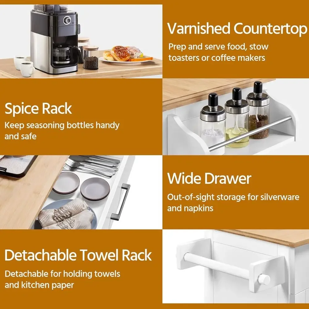 White Rolling Kitchen Cart with Storage Rack and Cabinet, Mobile Island for Microwave and Coffee Station view 6