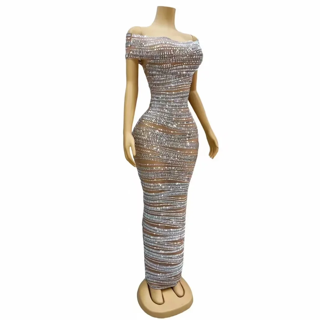 Birthday Dress Rhinestones Women Sexy Stage Off-shoulder See Through Evening Prom Celebrate Birthday Dress Photo Shoot Dress