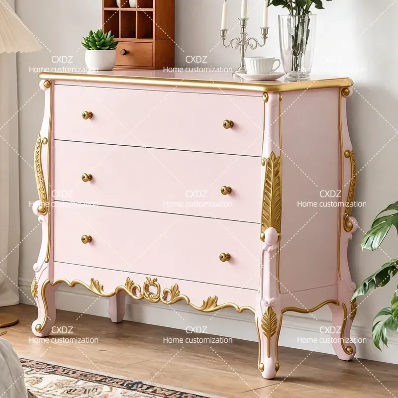 Rural Pink Painted Three Bucket Cabinet Solid Wood Bedroom Locker Storage Porch Cabinet Foyer Entryway Console Table