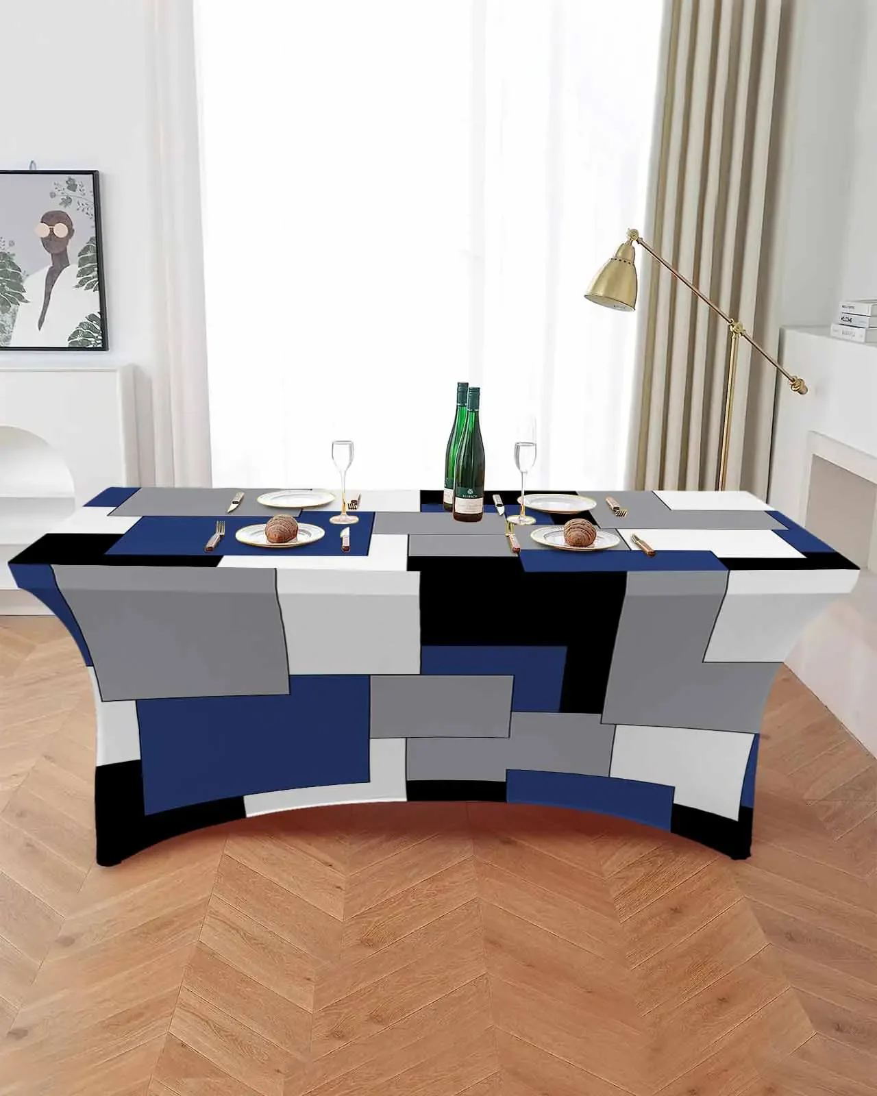 Navy Blue Black Grey Patchwork Abstract Art Rectangular Elastic Table Skirt Wedding Table Cover Kitchen Dining Table Tablecloth