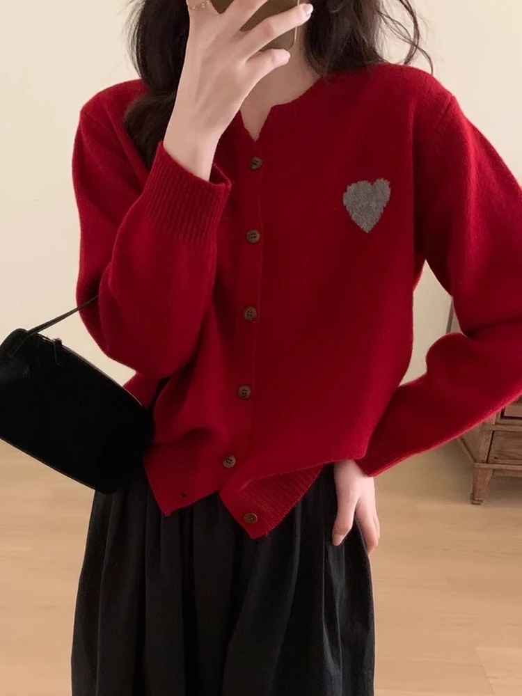 

Красный шерстяной вязаный кардиган Long Sve Camere, женский антивозрастной осенний верхний костюм с рисунком сердца, корейский топ для поездок на работу