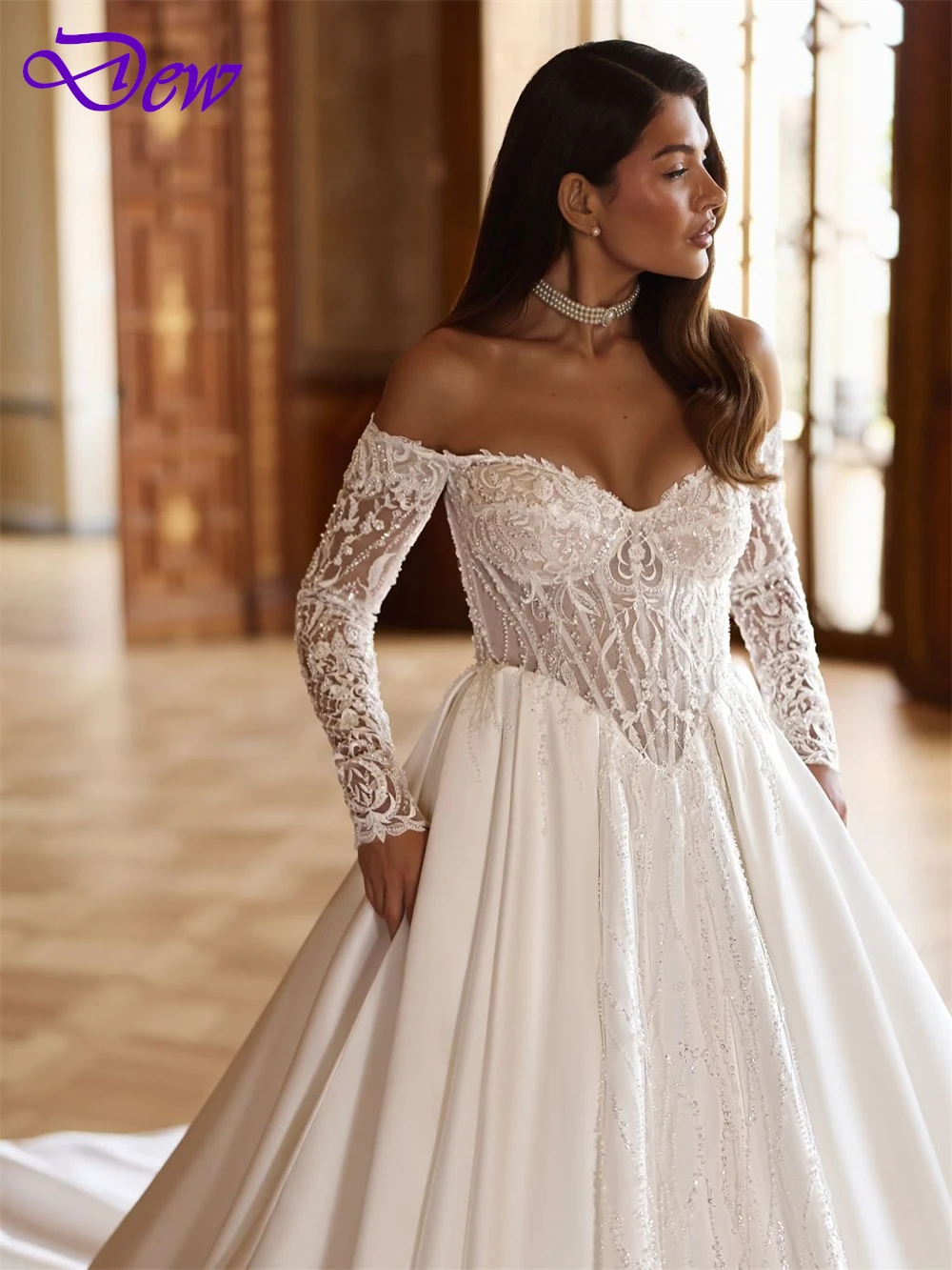 فستان زفاف أنيق من الساتان الأبيض مخصص رسمي على شكل قلب وأكمام طويلة رداء de mariée ناعم على شكل حرف a ذيل شابيل زي العرائس