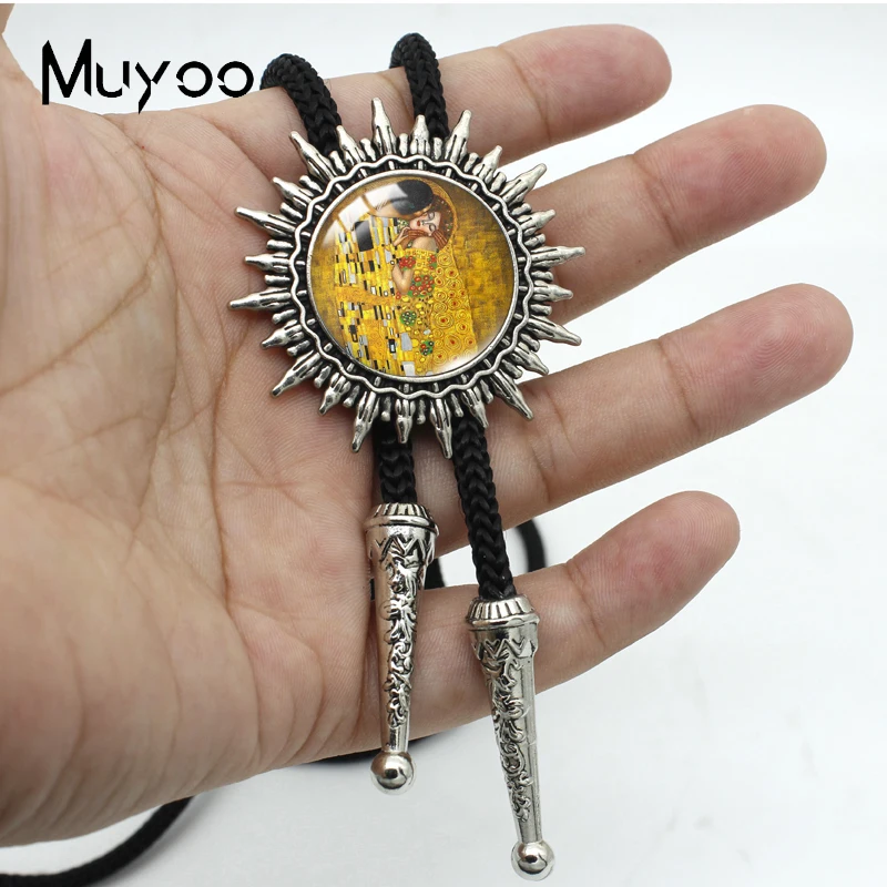 BOLO-00182 New Fashion Gustav Klimt Kiss Oil Paintings  Handcraft Glass Dome Bolo Tie Necktie Pendant Jewelry Necklace