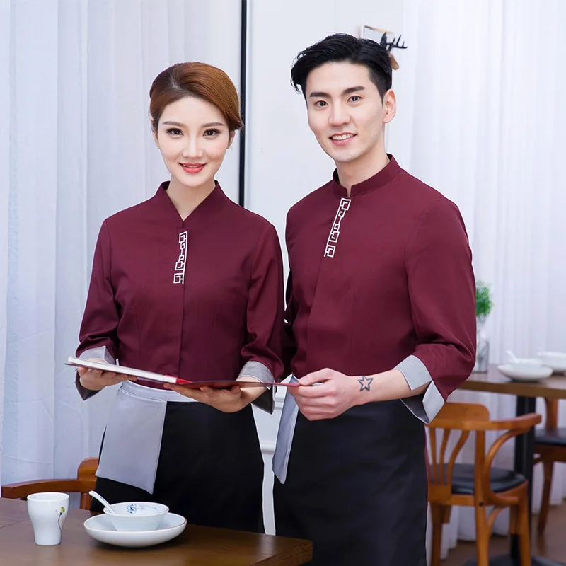 

Waiter Workwear Three-Quarter Sleeve Chinese Style Restaurant Hot Pot Catering Tea Club Foreman Men's and Women's Long Sleeves C