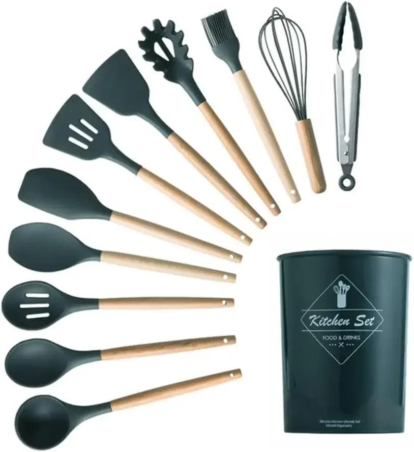 Silicone Set for Kitchen Utensils Wooden Cooking Utensil Spatula Tongs Cooking Utensil Set Heat Resistant Kitchen Tools (Color :
