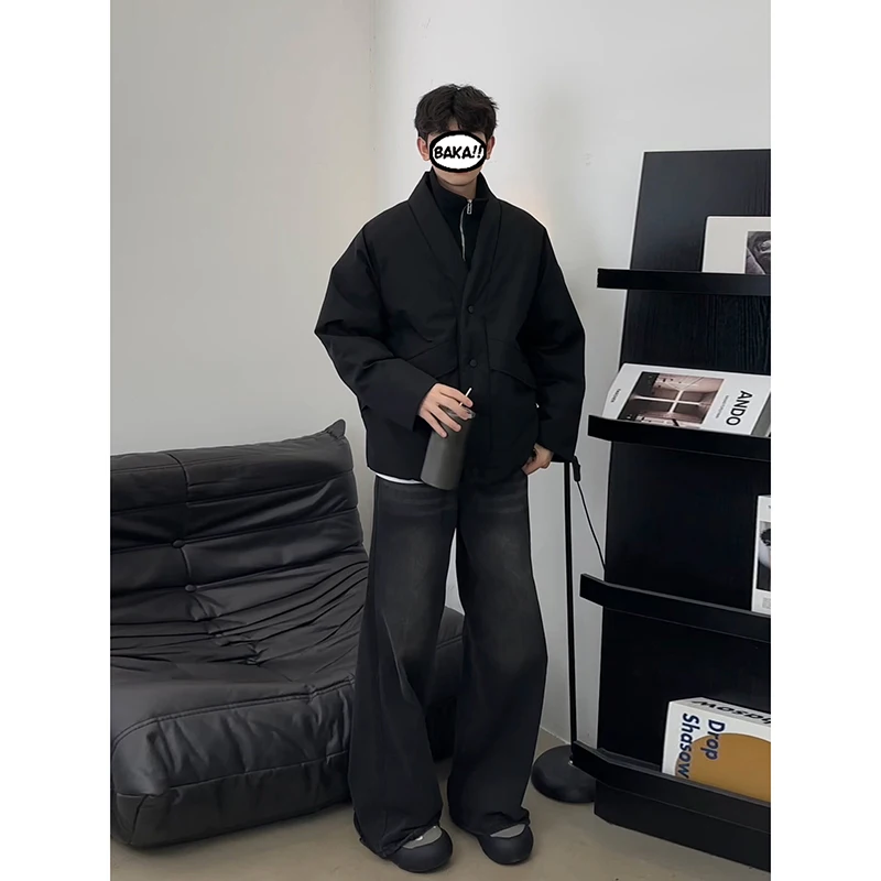 

Bla Puffer Cotton Jaet Men's Winter Thiened ort Sle Korean Bread Sle Stand Collar Warm Long Sve Casual Coat