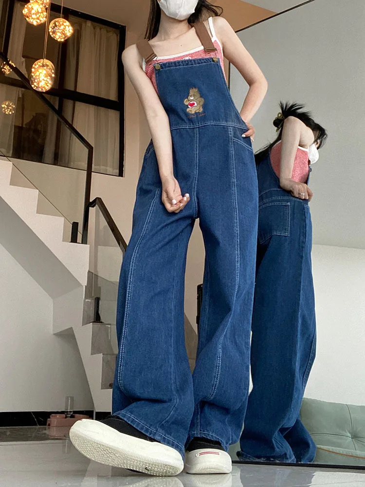 New Cartoon Bear Denim Macacões Mulheres Y2K Macacão Baggy Feminino Vintage Solto Straight Wide-leg Jumpsuit One Piece Outfit