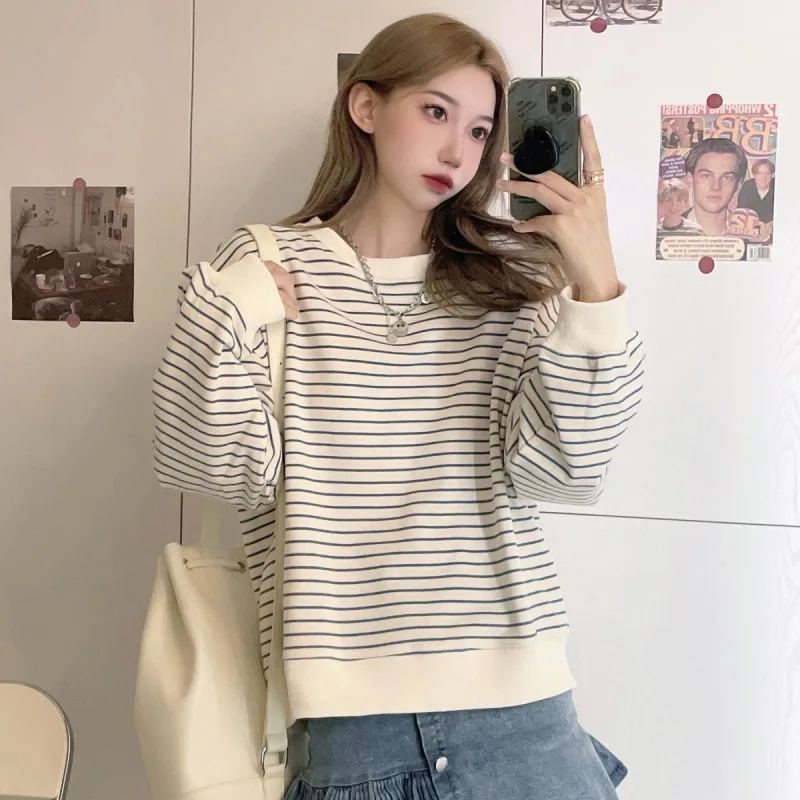 Damen Herbst Aprikosenfarben Gestreiftes Neues T-Shirt Mädchen Studenten Koreanischer Stil Locker Sitzendes Oberteil Sweatshirt Rundhals Pullover Langarm T-Shirt – Detail 2