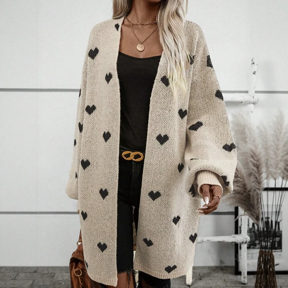 

UNIKTEE Women's Heart Print Cardigan Elegant Casual Open Front Long Sleeve Autumn Winter Daily Wear Fashion Top