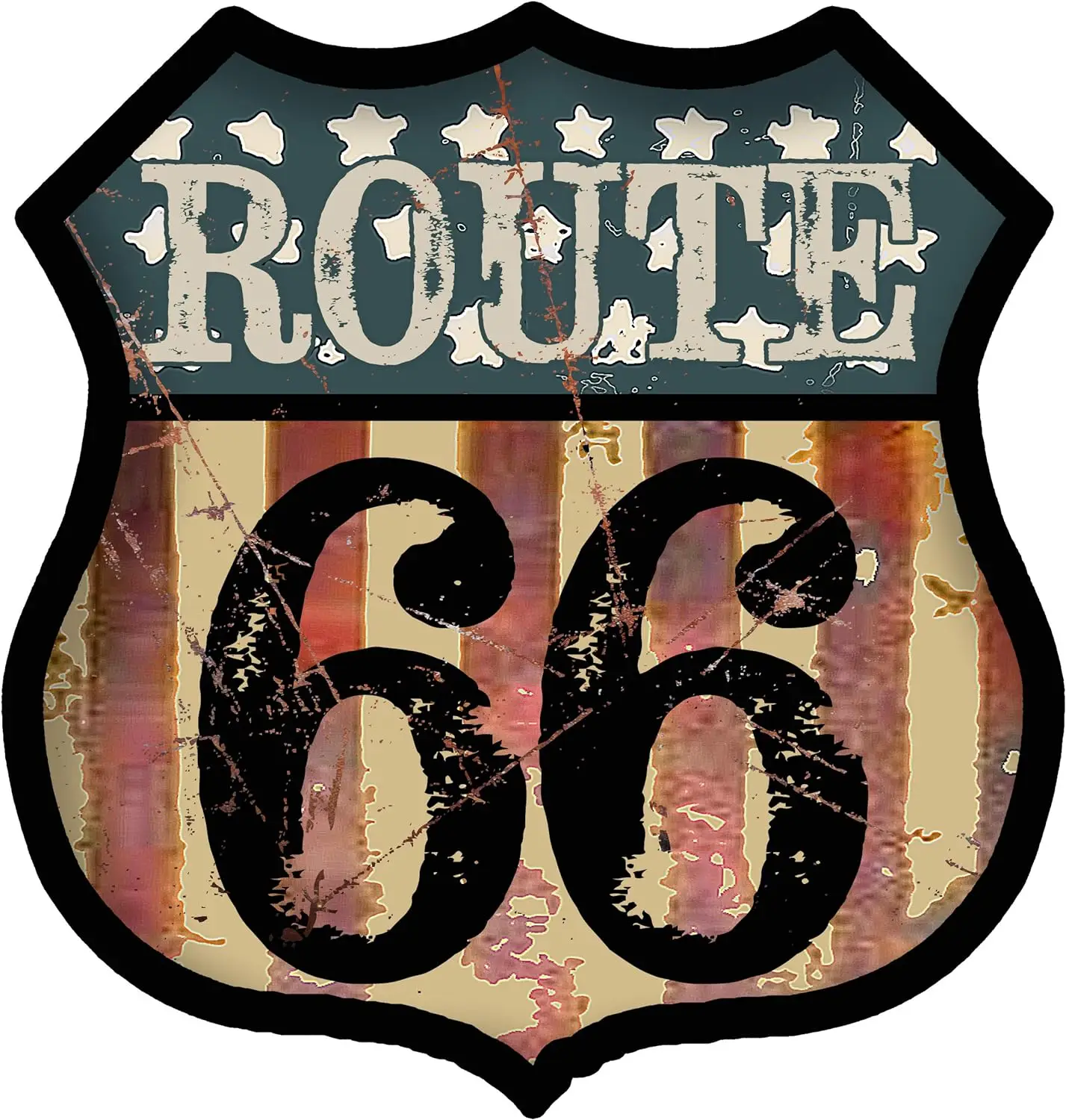 | Vintage Route 66 Tin Sign with Nostalgic American Flag | Shield Shape 15x14 inches