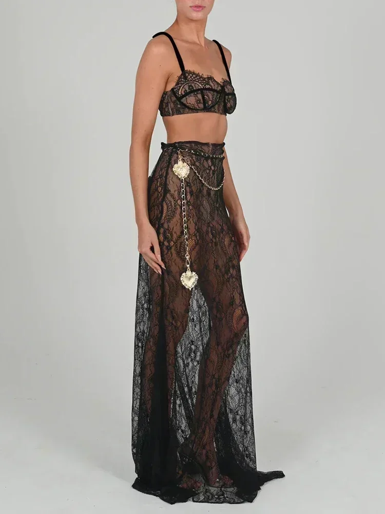 Chaxiaoa See Through Lace Two Piece Dress Sets Crop Top + Maxi Skirt Set Festival New in Matching Sets Sexy Costumes for Women