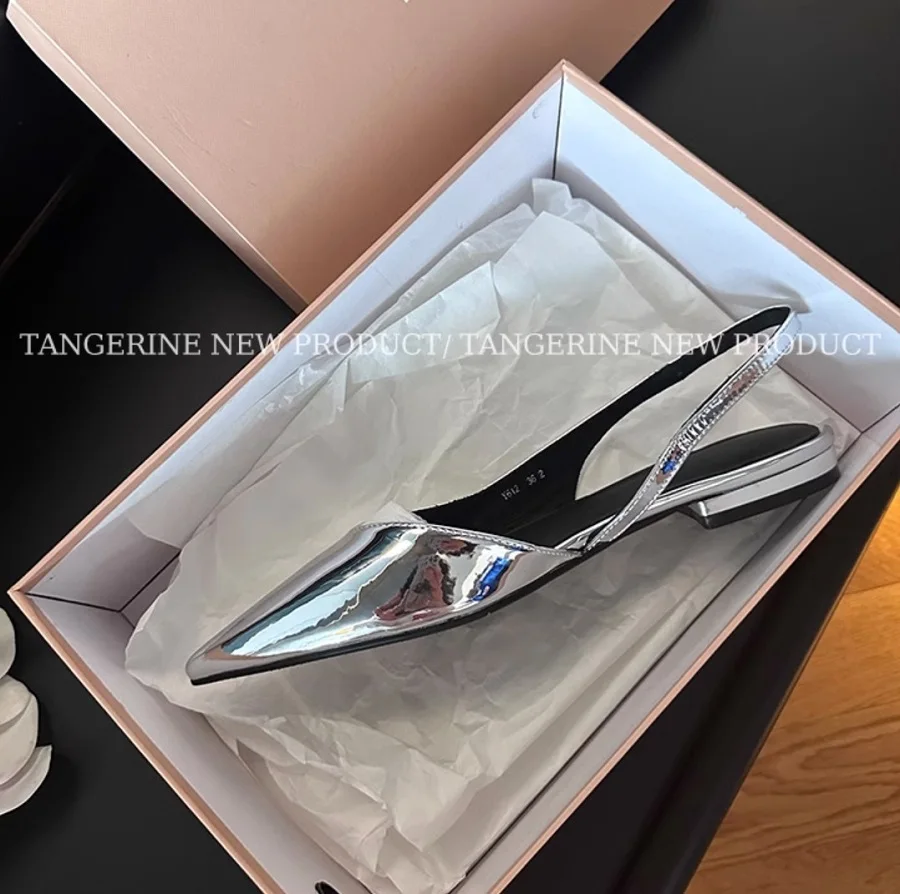 Women Slingbacks Silver Pointed Toe Flat Heel Elegant Ladies Fashion Laser Shoes Spring Autumn Flats Size 41