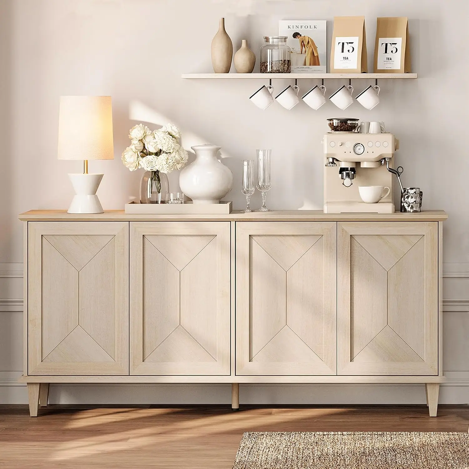 65-inch Handcrafted Patchwork Decorative Buffet Cabinet With Pop-Up Design Doors,Full Unit Modern Farmhouse Accent, Customized
