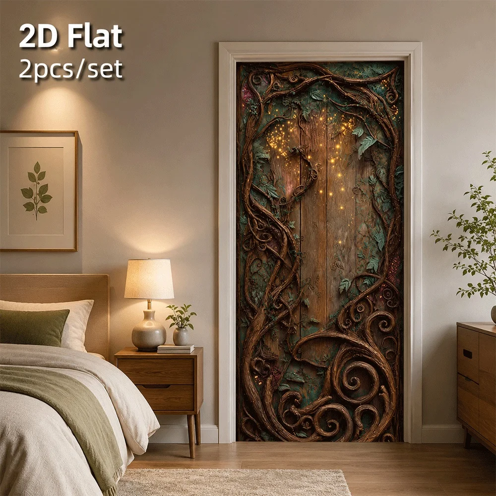 1 piece of magical fantasy vine door sticker with retro wooden texture and wrapped tree roots to create a mysterious atmosphere.