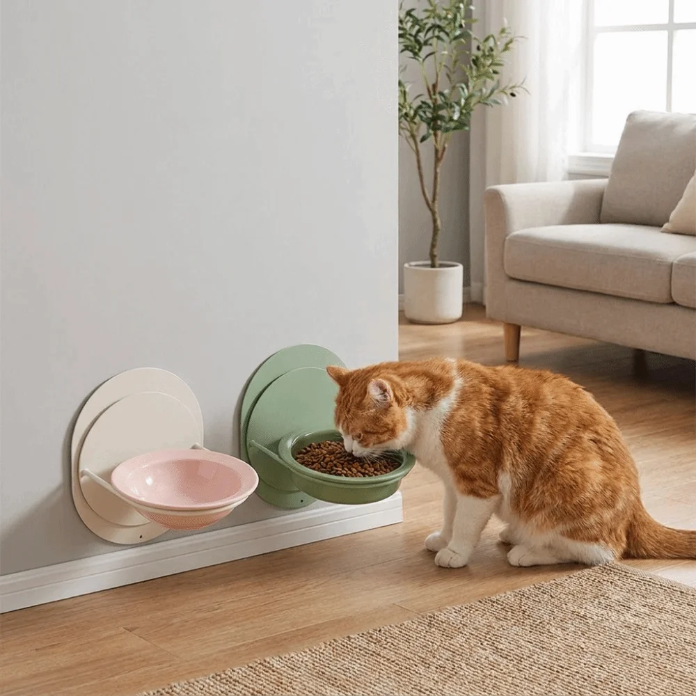 Wall Mounted Ceramic Cat Bowl Neck Protection Adjustable Height Elevated Cat Water Bowl with Magnetic Stand Detachable