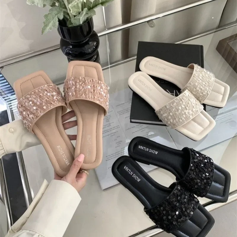 2024 Summer New Fashion Slippers Women Open Toed Shoes for Women Casual Comfortable Flat Square Toe Slippers Female Zapatos