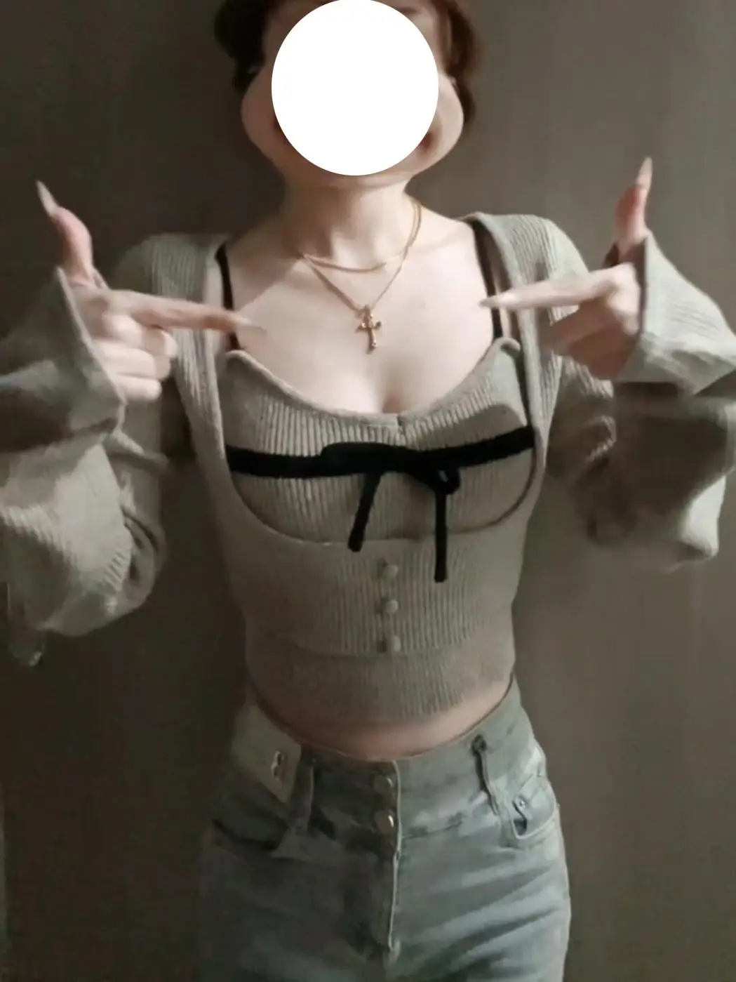 퓨어 디자이어 나비 매듭 스트랩 니트 오픈 가디건 투피스 세트 여성용 2025 봄 짧은 스퀘어 칼라 슬림 핏 탑