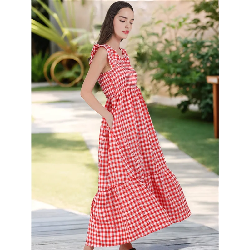 Vestido largo con volantes y tirantes finos a cuadros retro para mujer