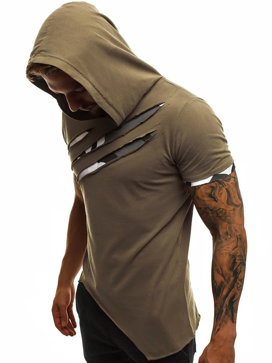 Summer Fitness Clothing Camouflage Hole Tshirt Men Slim Fit Sportwear New Hoodies T Shirt Men Short Sleeve Tops and TeesMY172