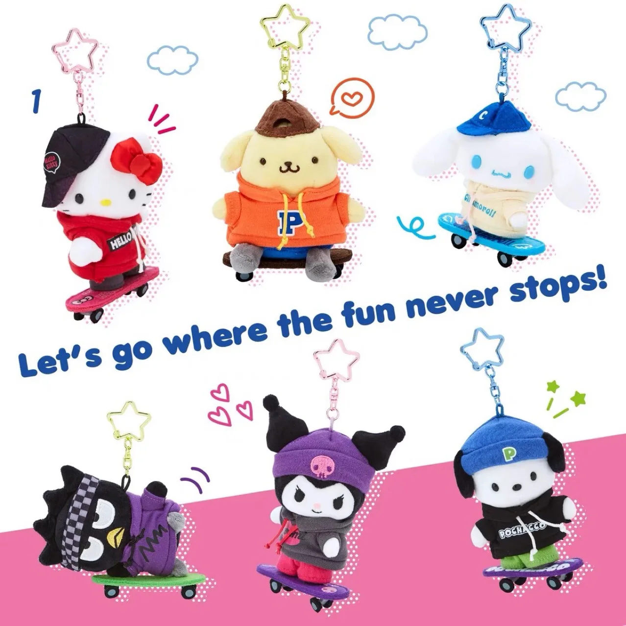 

Kawaii Sanrio Hello Kitty Skateboarding Series Doll Cute Kuromi Pochacco Plush Doll Bag Pendant Purse Keychain Girls Gifts Toys