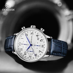 Ochstin Heren Horloges Luxe Chronograaf Militaire Sport Horloge Analoge Quartz Horloge Marine Blauw Lederen Riem Cadeau Voor Vriendje