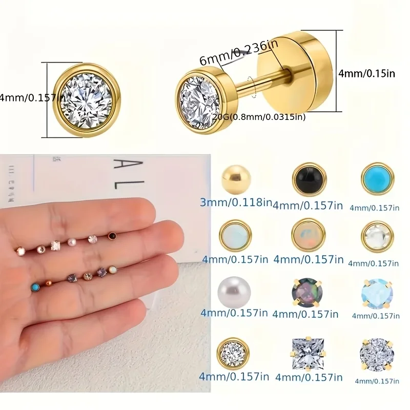 12 Paare/24 Stück Ohrstecker aus Edelstahl, runde Kugeln mit farbigen synthetischen Zirkonia-Steinen, hautfreundliches Ohrstecker-Set für – Detail 5